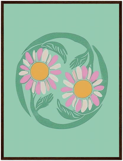 Stylized illustration of two daisies encircled by a green vine on a teal background with a brown frame.