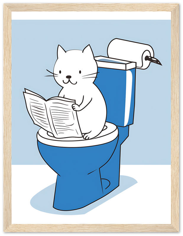 A cartoon of a cat reading a newspaper while sitting on a toilet.