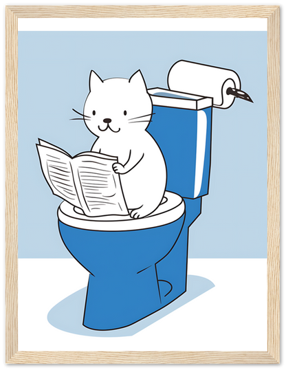 A cartoon of a cat reading a newspaper while sitting on a toilet.