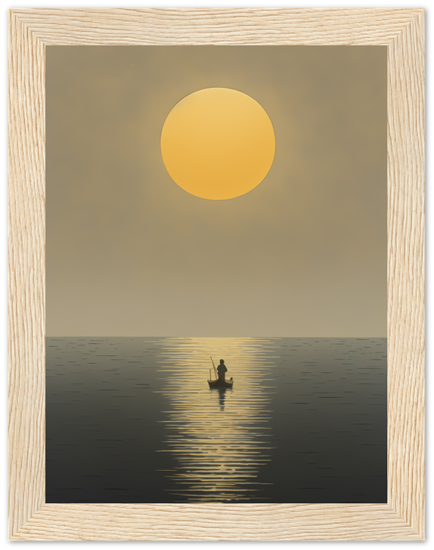 A framed picture of a lone fisherman on a calm sea at sunset.