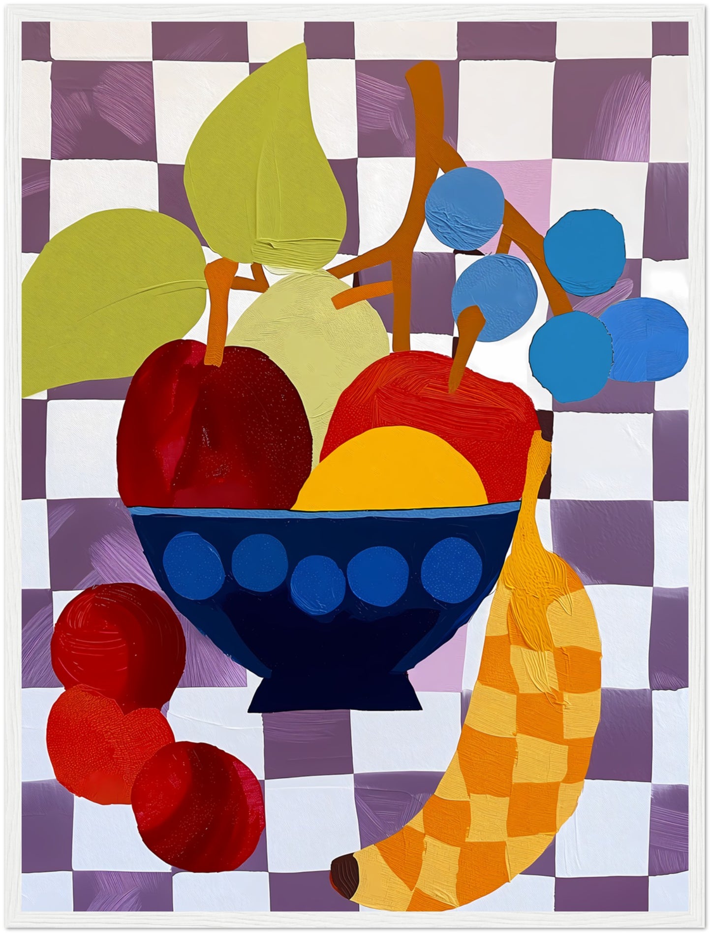 Abstract artwork of a fruit bowl with colorful, stylized shapes.