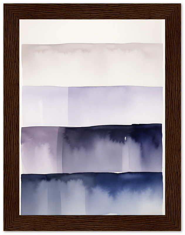 Abstract watercolor painting with shades of purple and blue in a dark wooden frame.