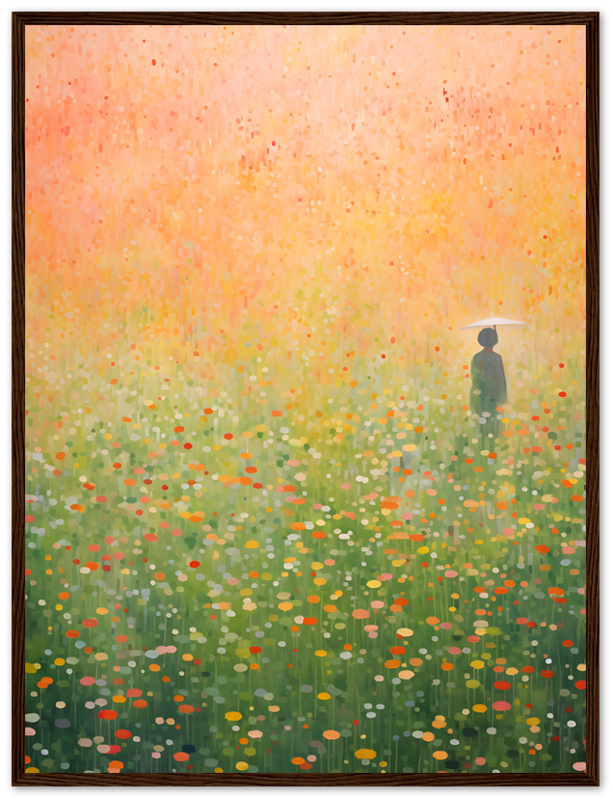 A painting of a person standing in a colorful, flower-filled meadow within a dark frame.