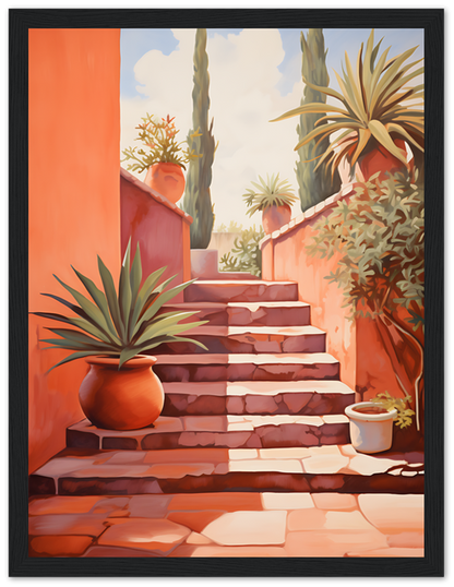 A painting of a sunlit stairway flanked by potted plants and orange walls.