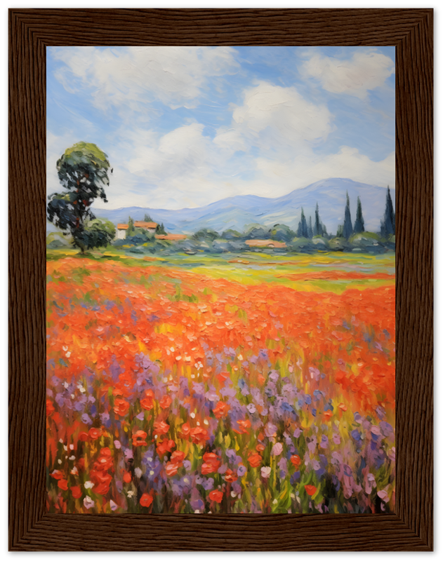 Impressionist style painting of a vibrant flower field with trees and mountains in the background, framed.