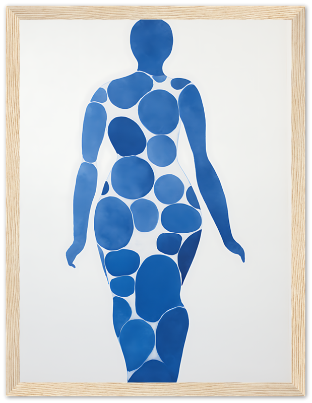 Artistic representation of a human silhouette composed of blue circles in a wooden frame.
