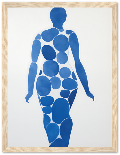 Artistic representation of a human silhouette composed of blue circles in a wooden frame.