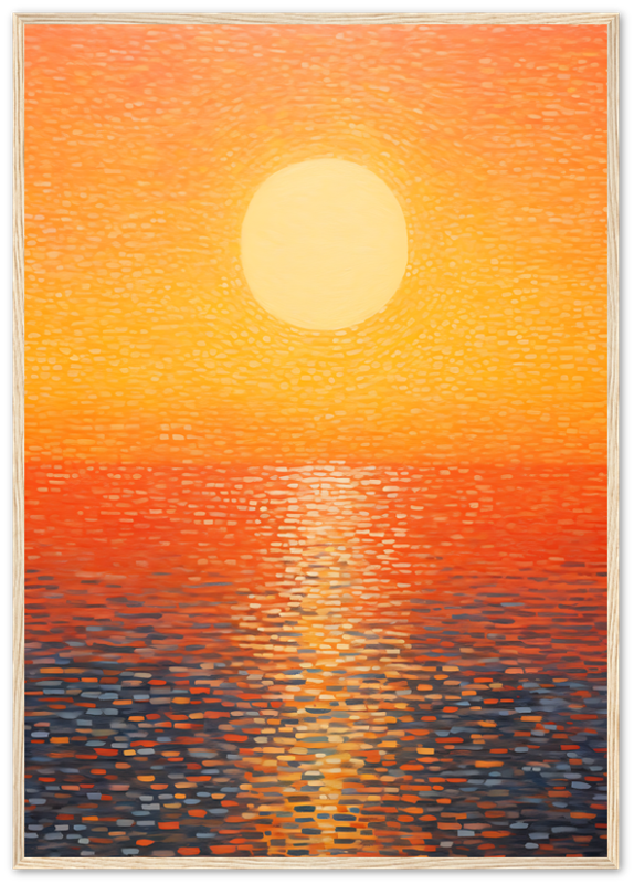 Sunset with vibrant orange hues reflected over water, framed wall art.