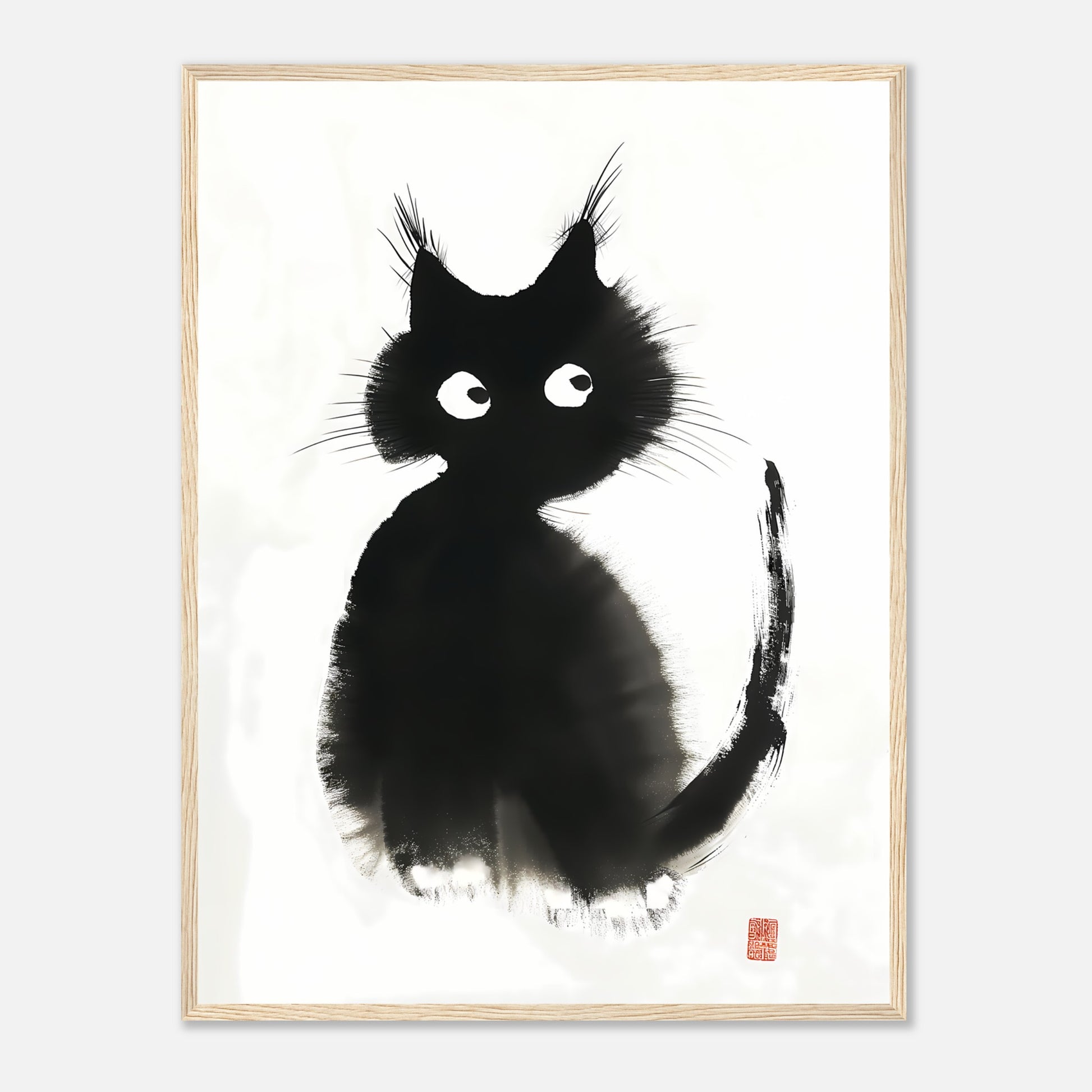 A framed artwork of a stylized black cat with large eyes and abstract fur details.