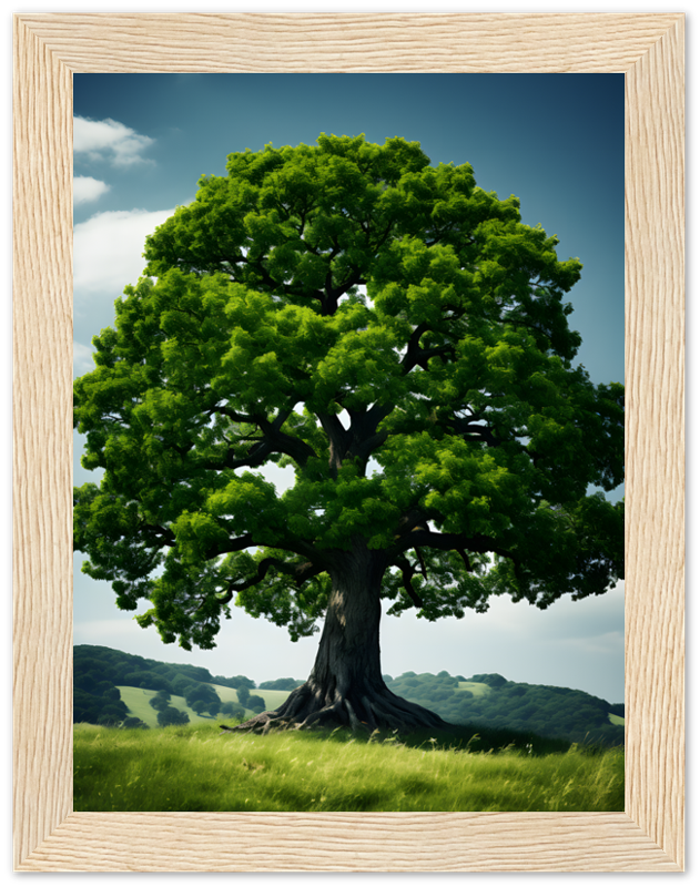 A framed image of a lush green tree with a sturdy trunk on a grassy hill.