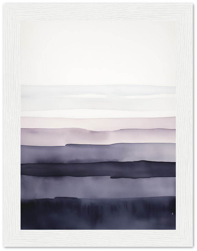 A framed, muted watercolor painting of misty, layered hills.