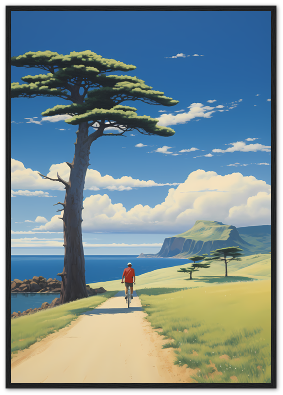 A painting of a person walking down a path toward the sea with a tree and cliffs in the background, in a wooden frame.