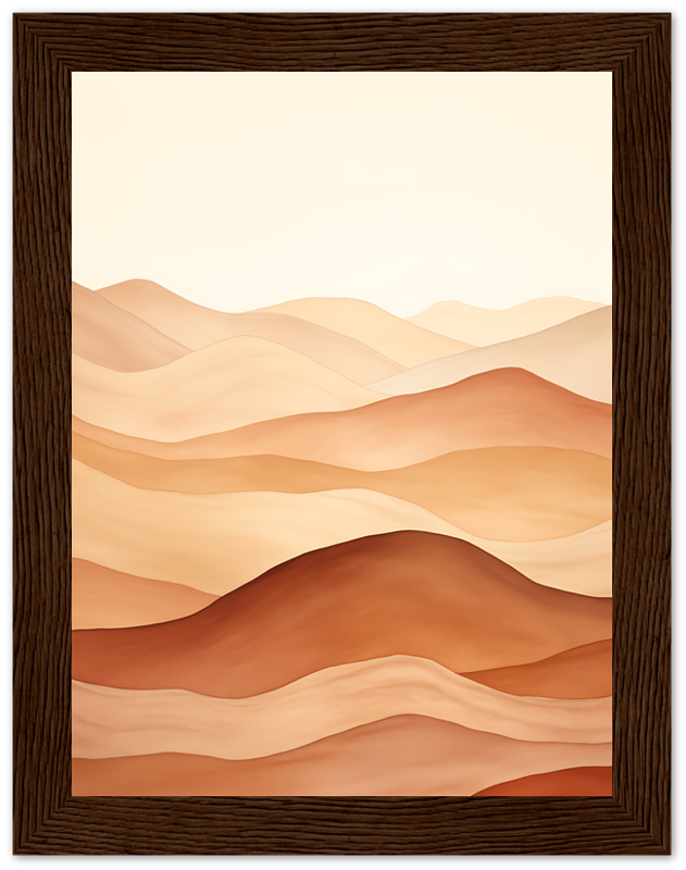 A framed illustration of stylized, wavy desert dunes in warm hues.