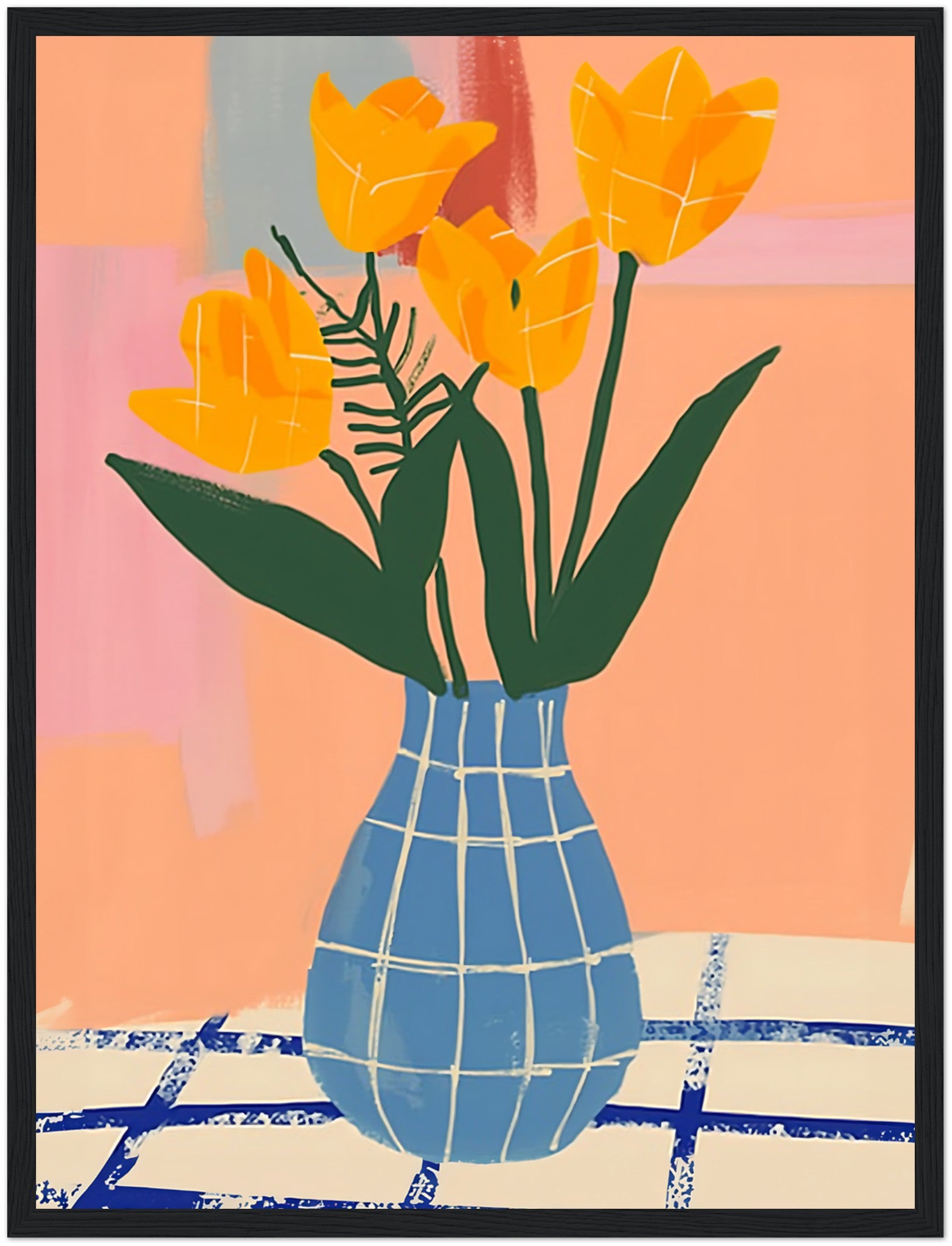 Abstract painting of yellow tulips in a blue checked vase against colorful background.