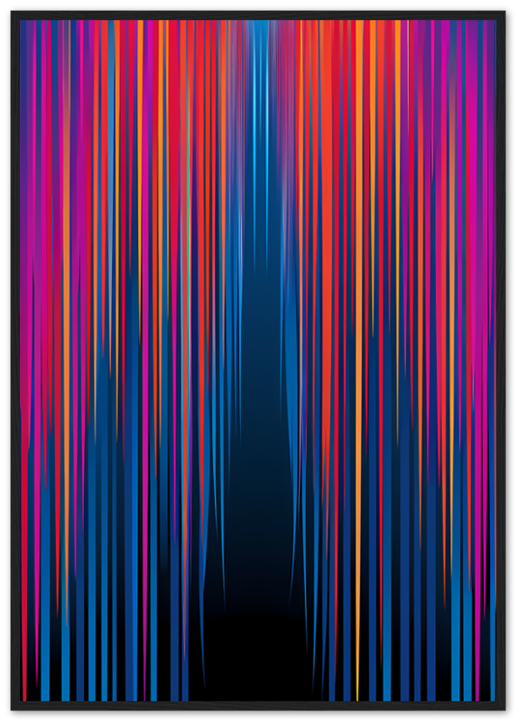 Abstract colorful streaks on a dark background framed with a wooden frame.