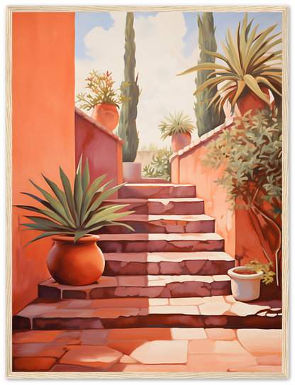 A colorful painting of a Mediterranean-style staircase with potted plants under the sunlight.
