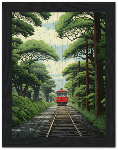 A framed digital artwork of a red tram on tracks amidst vibrant green forest.