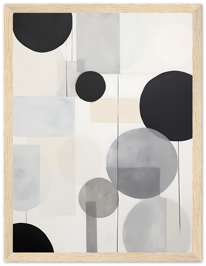 Abstract geometric art with circles in a wooden frame.