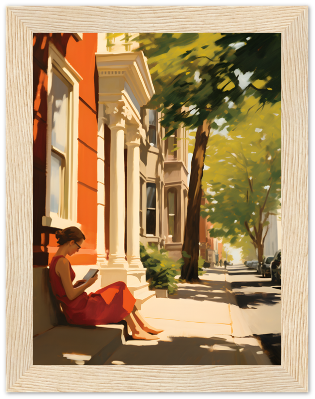 A painting of a woman reading on a sunny city sidewalk by brownstone buildings.