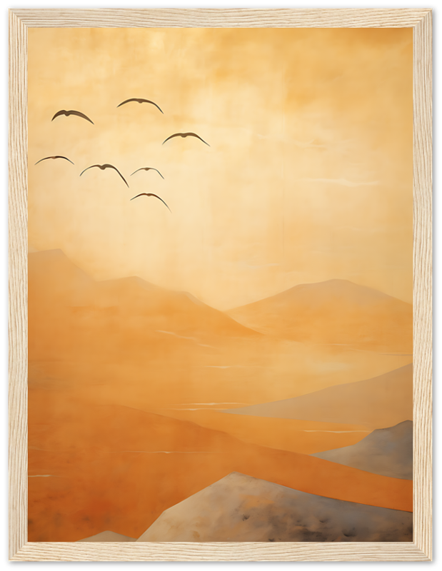 A painting of flying birds over stylized orange hills.
