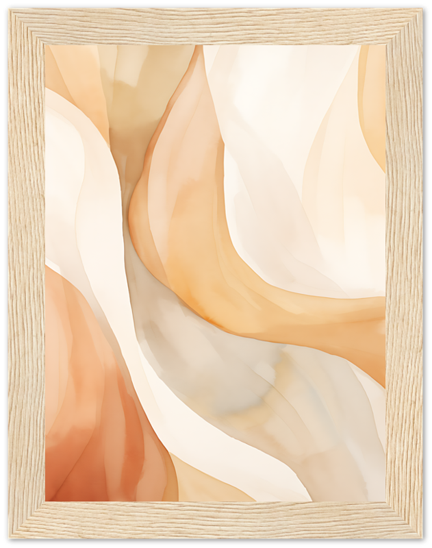 Abstract wavy design in warm tones framed with a light wooden frame.
