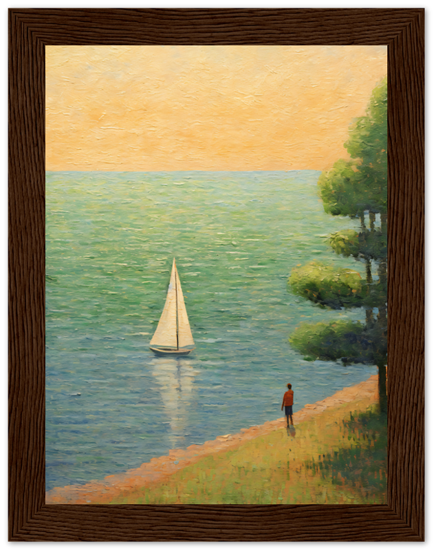 Painting of a person standing by a lake watching a sailboat at sunset.