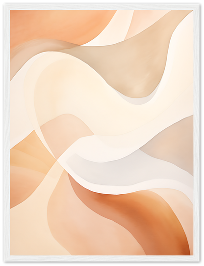 Abstract art with soft curving shapes in warm tones of orange, beige, and white.