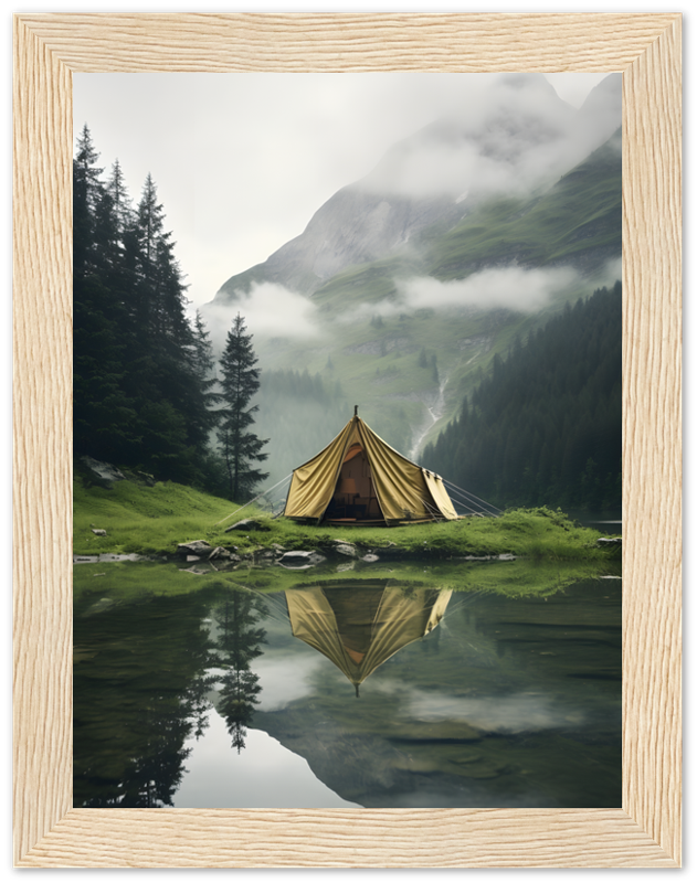 A canvas tent by a tranquil mountain lake with a reflection and misty hills in the background, framed by wood.
