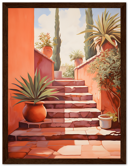 A painting of a sunny stairway with potted plants along the sides.
