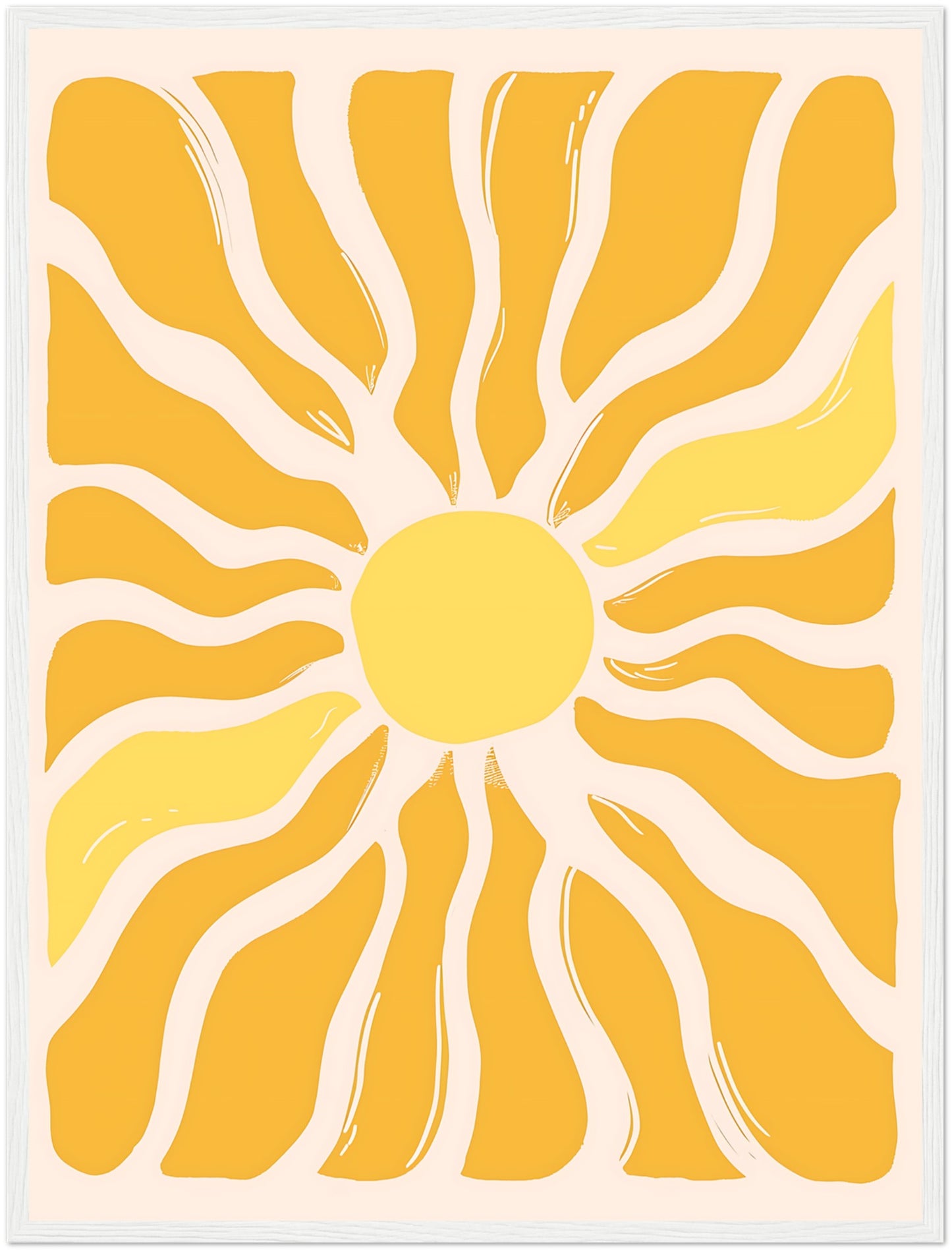 Abstract sunburst pattern with yellow and white rays on a framed canvas.