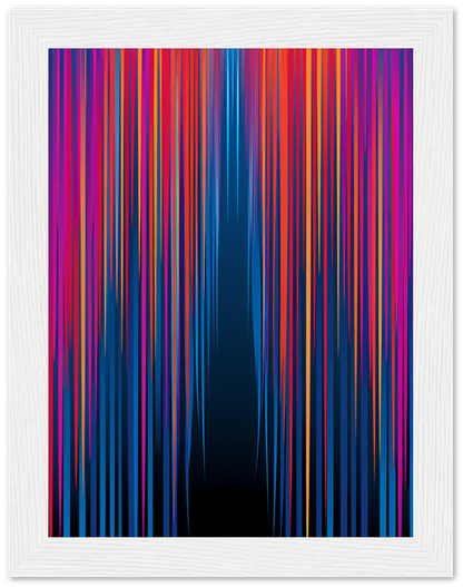 Abstract image with colorful vertical lines against a dark background, framed in white.