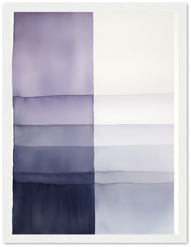 An abstract painting with horizontal bands of purple and blue hues in a wooden frame.