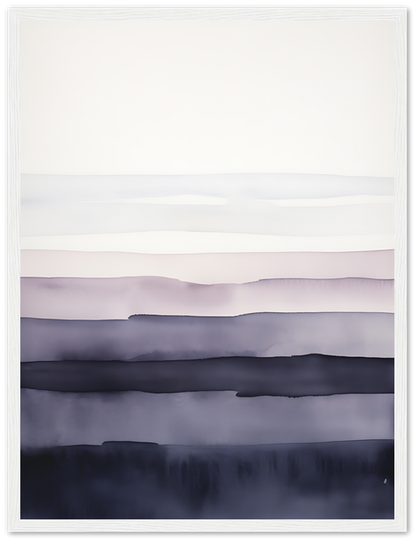 A framed abstract landscape painting with layered shades of purple and blue.