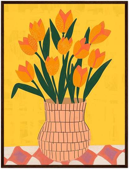 A colorful illustration of a vase with orange tulips on a yellow background.