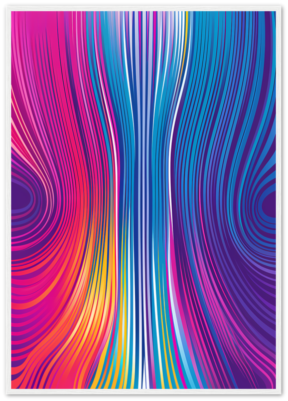 Abstract colorful wavy lines art in a dark wooden frame.