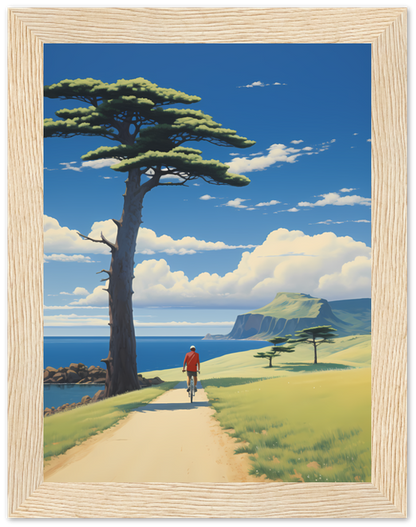 A painting of a person walking towards the sea on a path with a single tree and cliffs in the distance.