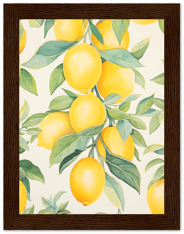 A framed artwork of lemons on branches with leaves.