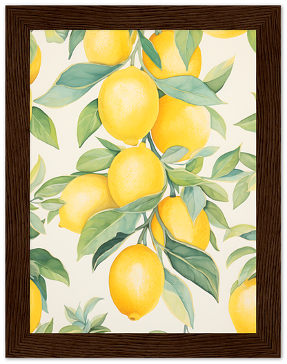 A framed artwork of lemons on branches with leaves.