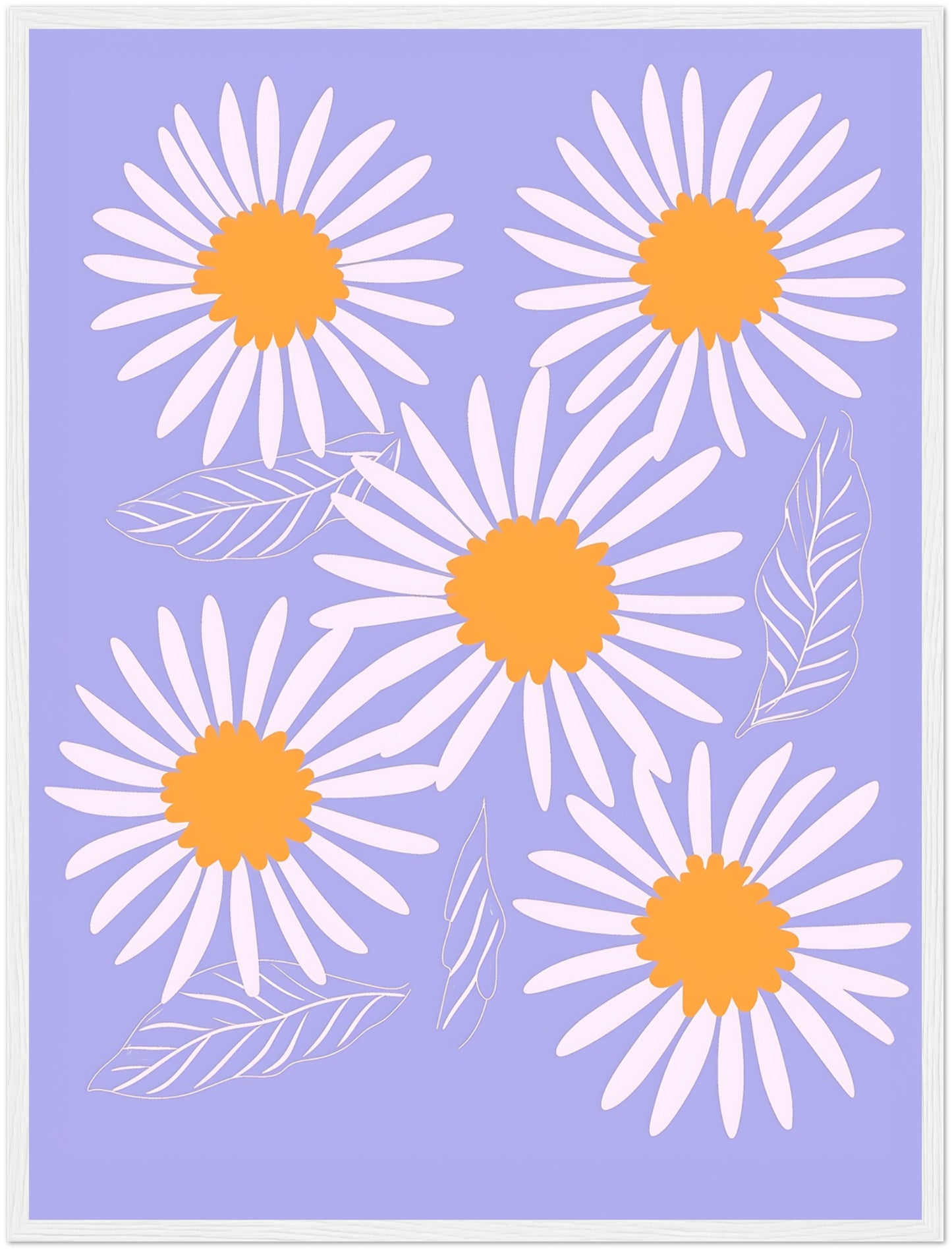 A framed illustration of white daisies with orange centers on a blue background.
