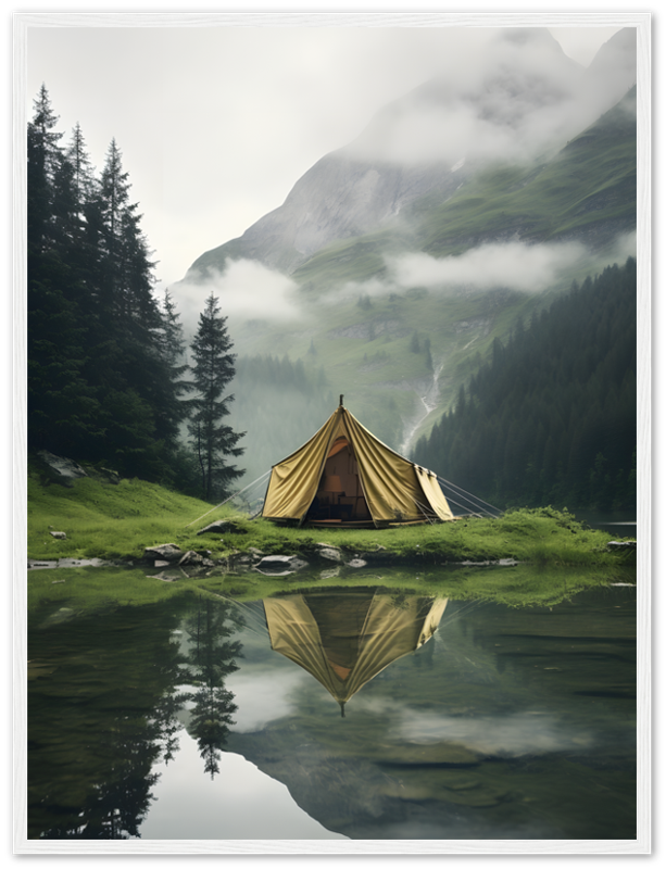 A tent reflected in a clear mountain lake surrounded by misty peaks.