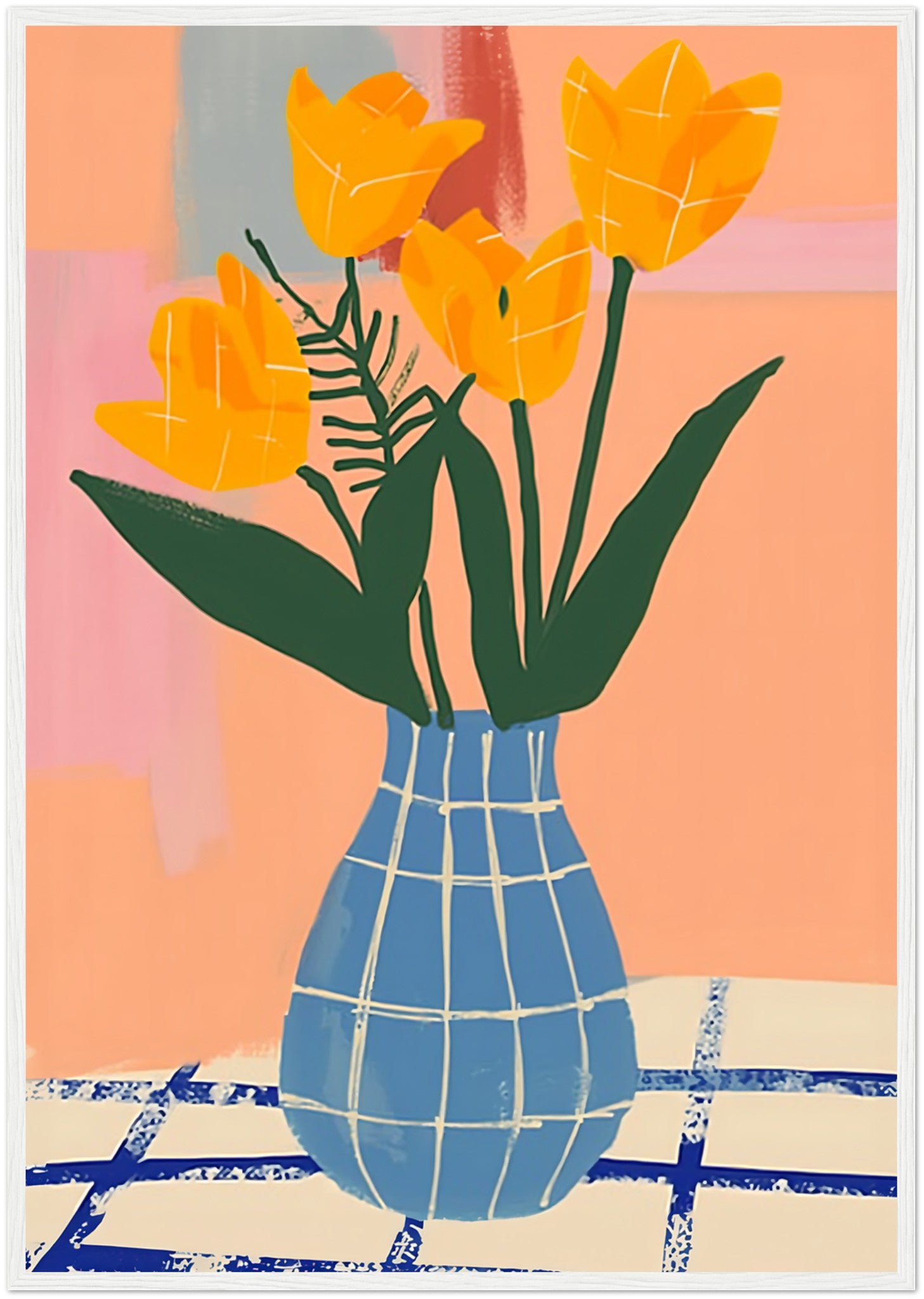 Abstract painting of yellow tulips in a blue checked vase against colorful background.