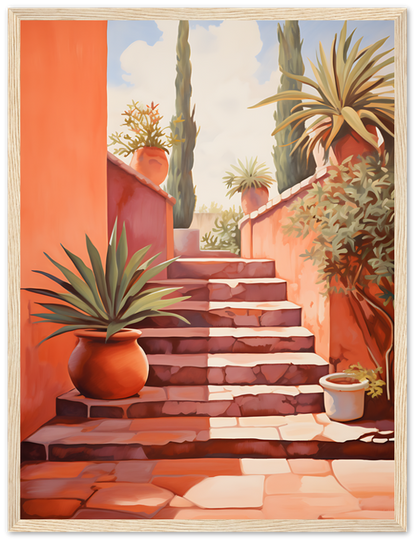 A vibrant painting of a sunlit stairway with plants and terracotta pots.
