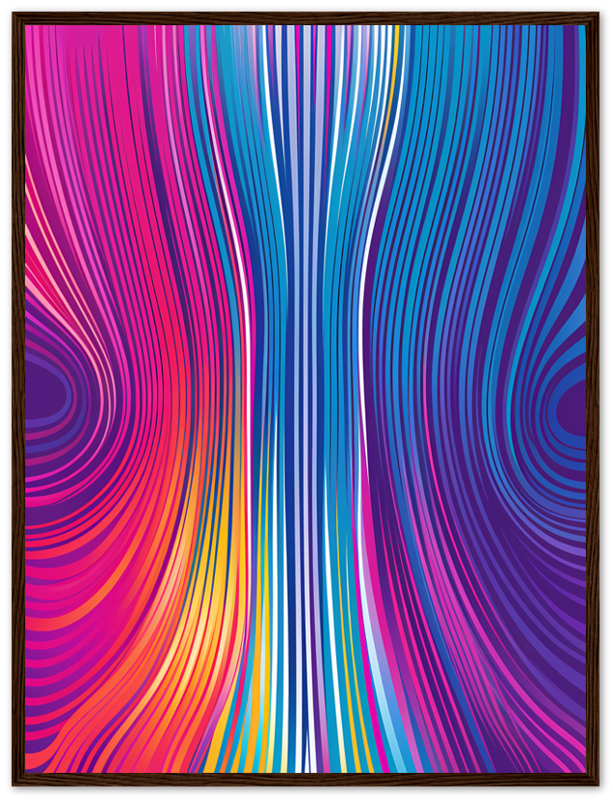 Abstract colorful wavy lines art in a dark wooden frame.