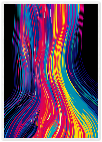 Abstract colorful swirls painting in a dark wooden frame.