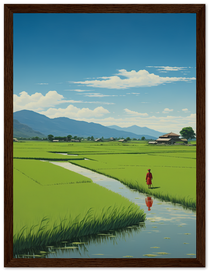 "Painting of a person walking on a path through green rice fields with mountains in the background."
