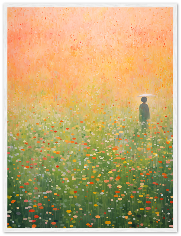 A framed painting of a person standing in a vibrant, colorful, flower-strewn field.