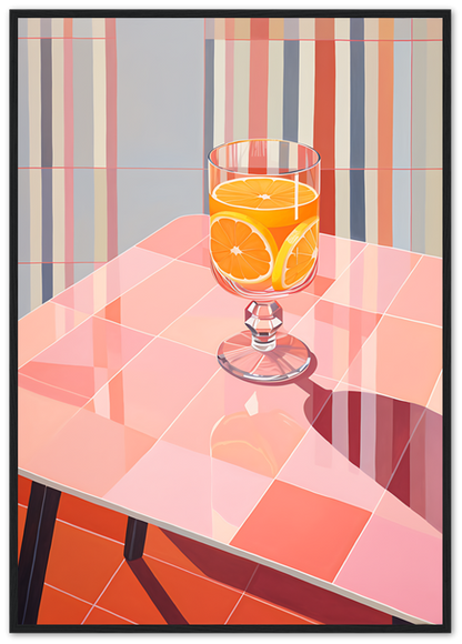 A glass of orange juice with slices of oranges on a pink-tiled table with a striped background.