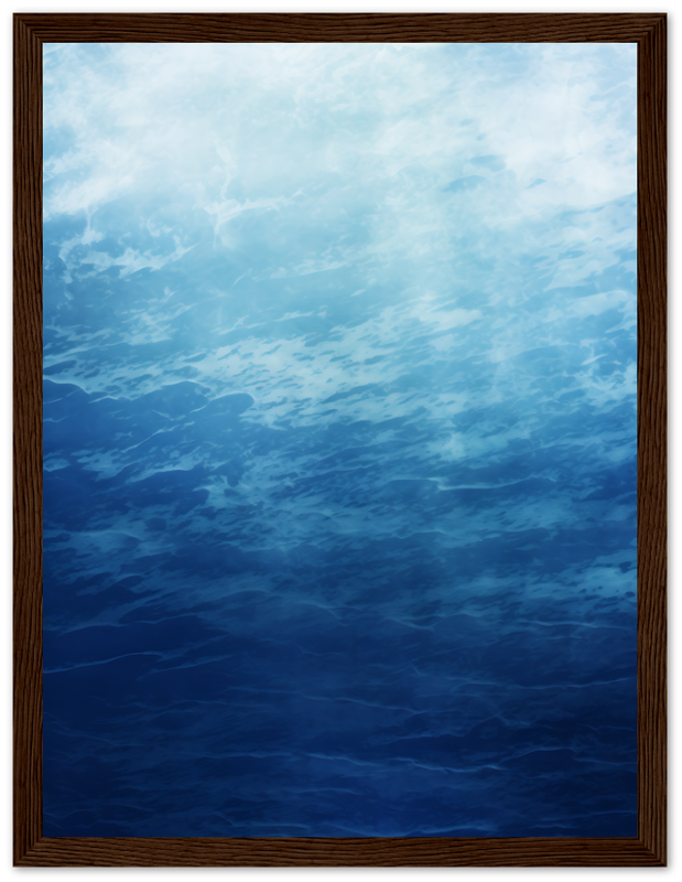 Abstract blue watercolor painting with a light sky, framed in light wood.