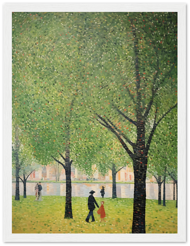 Painting of people walking beneath trees with fall foliage in a pointillist style.