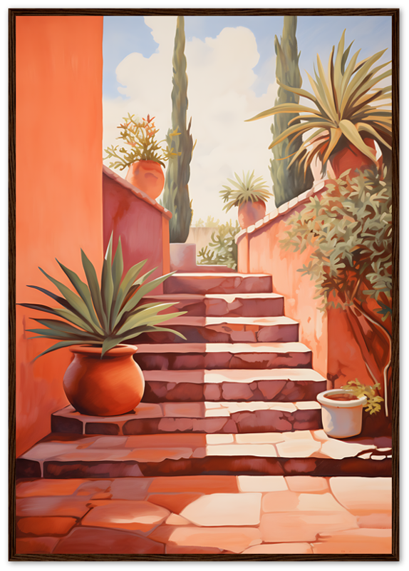 A vibrant painting of a sunny stairway with potted plants and cacti.